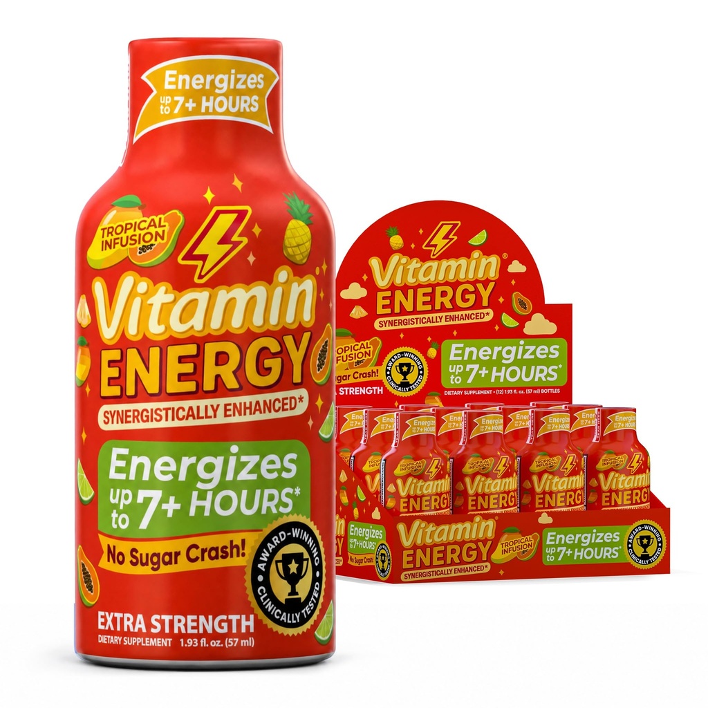 Vitamina Energia Imune+ Força extra Energia Shot Mango 12 Pack, 260mg Cafeína Natural, B-Vitaminas, Citicolina, Chá Verde, Imunidade e Foco Suporte, Açúcar Zero, Sem glúten 1,93 fl oz