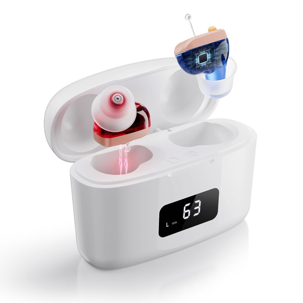 Aparelhos auditivos recarregáveis para idosos com cancelamento de feedback e redução de ruído, amplificador auditivo CIC invisível, confortável para todo o dia desgaste, ganho 26dB, 3 modos com display LED