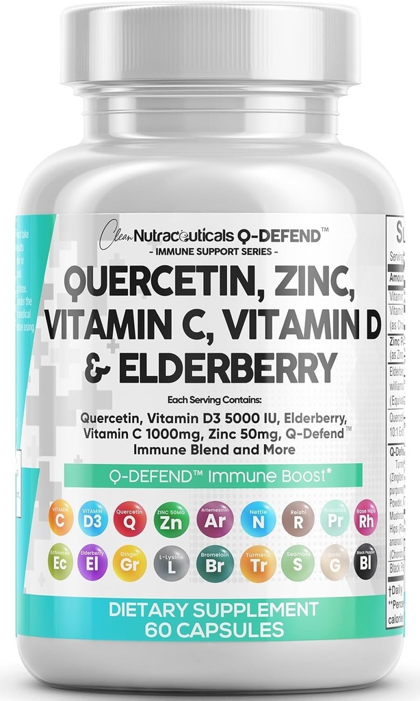 Q Defender Quercetin Suplemento com Zinco Vitamina C Vitamina D Elderberry Alho Alho preto pimenta alho Mar Moss Lysine Stinging Nettle Reishi Cogumelo Imune Suporte 60 cápsulas por Nutra limpo