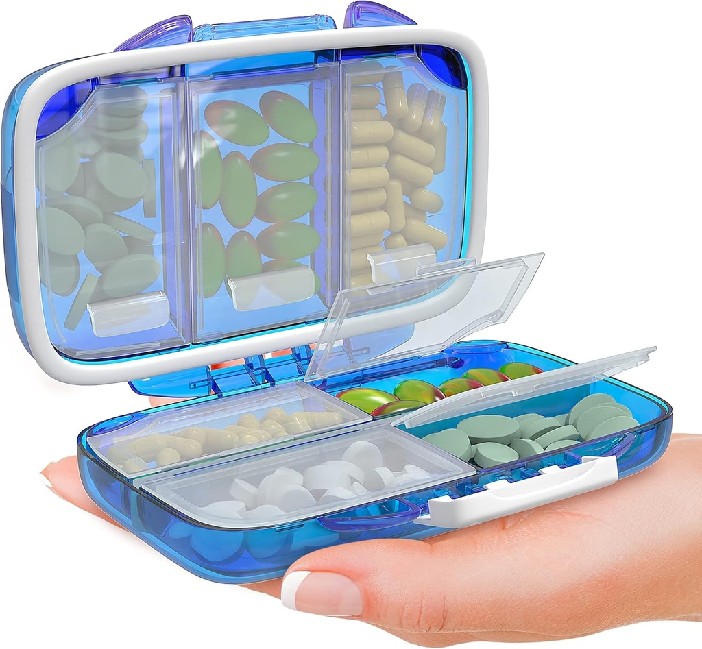 Travel Pill Organizer - Moisture Proof Portable Vitamina Holder com 7 compartimentos, Compact Supplement Case for Purse Essential Medicine Kit fot Traveling Pocket Pharmacy with Labels, Blue
