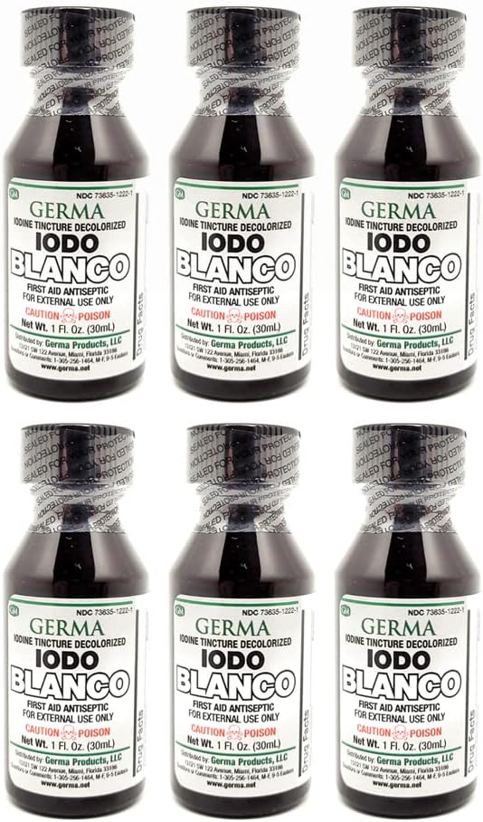 Tintura de iodo branco Germa. Antisséptico de Primeiros Socorros para Raspas Menores, Cortes, Contusões e Queimaduras. Evita a Infecção da Pele. 1 oz. Embalagem de 6