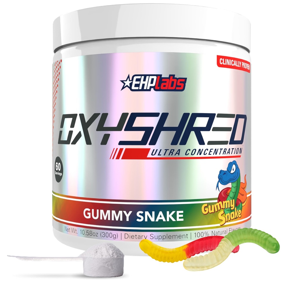 EHP Labs OxyShred pré-treino em pó - pré-treino em pó com L Glutamina e Acetil L Carnitina, Energia Boost Drink - Gummy Snake, 60 Servings