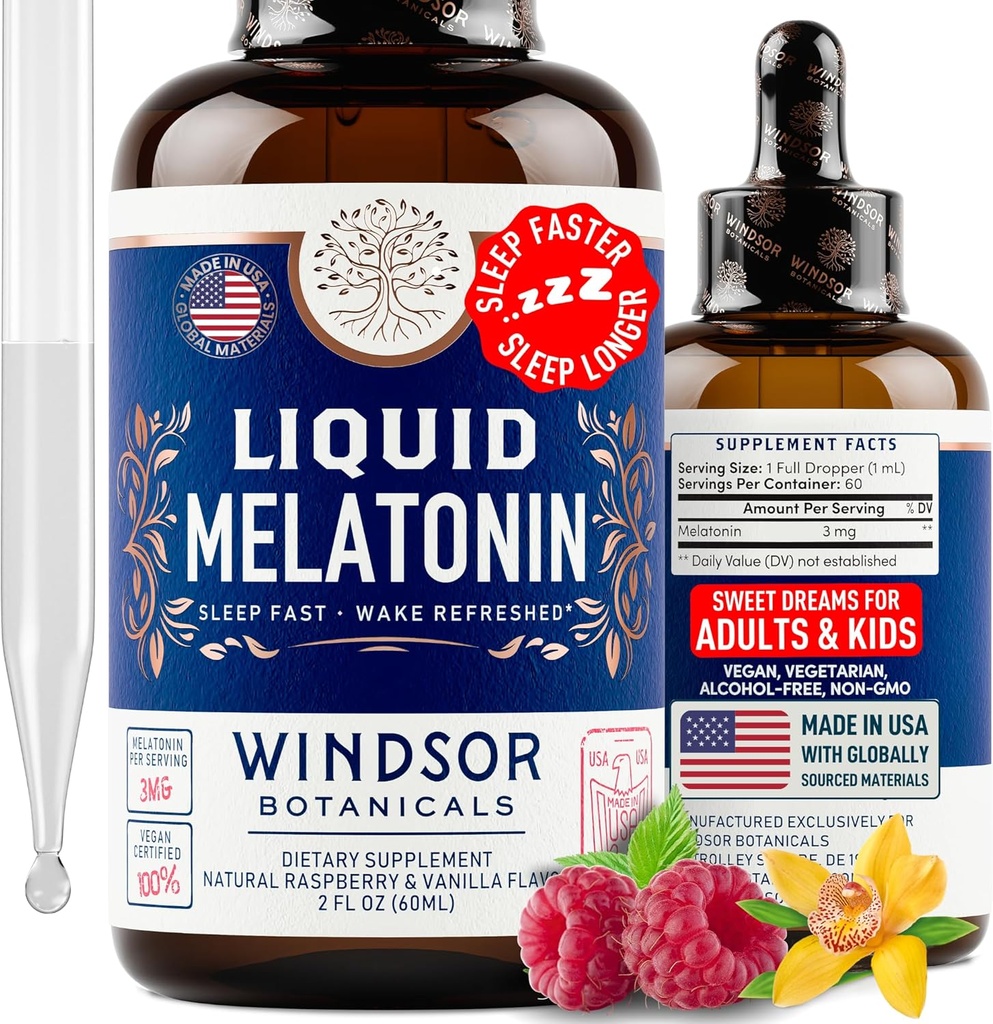 Melatonina líquida para adultos e crianças 6 anos de idade - 3mg Melatonina gotas de força extra líquido Sono Ajuda - Absorção rápida, framboesa Vanilla Flavor Melatonina - 2 onças, 2 meses de fornecimento, Made in USA