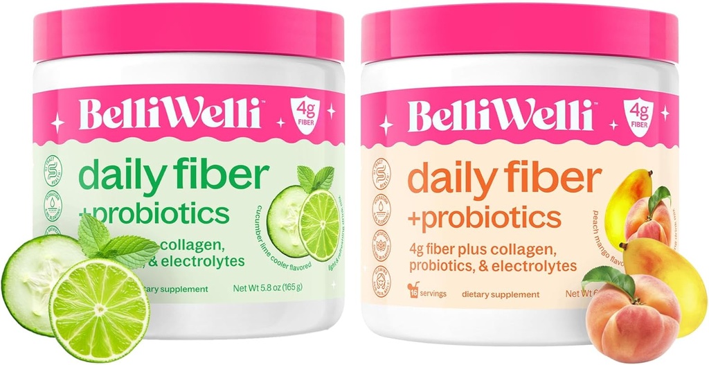 Conjunto de Suplementos de Fibra Diária com Colágeno, Probióticos, Eletrolíticos e Suporte à Hidratação - Pepino Cal Menta & Peach Mango Flavors - Promove Digestivo, Saúde da Pele, Equilíbrio de Gut - 32 Servimentos