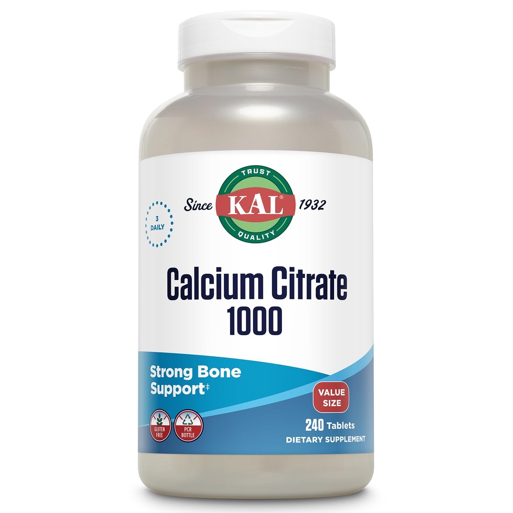 KAL Citrato de cálcio 1000mg, Suplementos de cálcio para Mulheres e Homens, Saúde Óssea, Dentes, Nervoso, Muscular & Cardiovascular Suporte do Sistema, Glúten Livre e Lab Verificado, 80 Servões, 240 Comprimidos