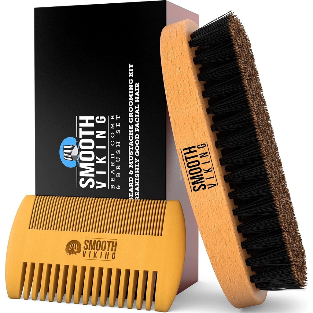 Escova de barba e pente - Escova de barba de javali natural e pente de barba para homens - Conjunto de presente de cuidados de cabelo facial para homens - Styling bigode, Grooming & Shaping Ferramentas