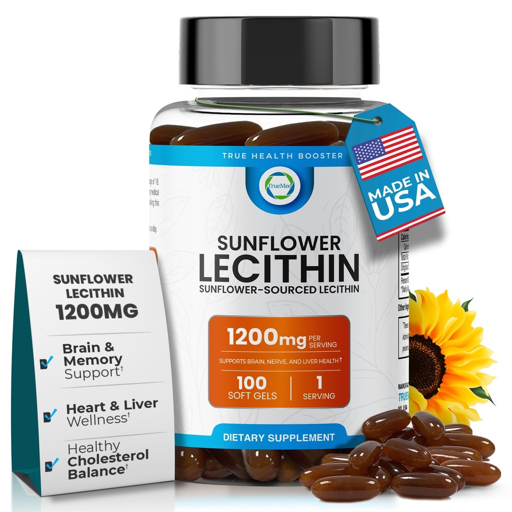 Lecitina de girassol 1200 MG 100 Softgels, 100 dias de fornecimento garantido puro, não-GMO, sem soja, suporta cérebro, coração, nervos, saúde do fígado, função cognitiva, colesterol saudável, fórmula de alta absorção