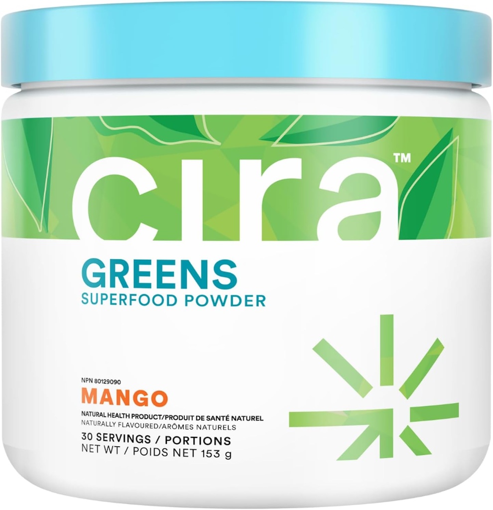 Cira Daily Greens - Naturalmente adoçado, espirulina orgânica Superfood em pó com Premium, antioxidante-rico Ingredientes para Debloating, Digestion, & Energy - Mango, 30 Servings