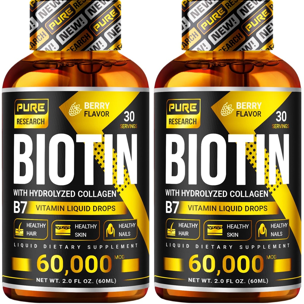 INVESTIGAÇÃO PURA Biotina & Colágeno 60,000mcg Crescimento do cabelo gotas líquidas, Suporta: unhas fortes, pele brilhante, crescimento saudável do cabelo, mais absorção do que cápsulas e pílulas (4Fl Oz)