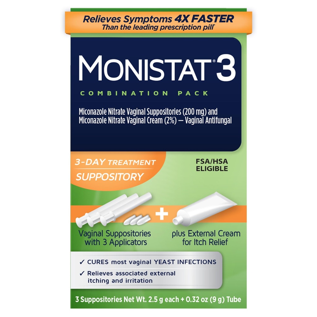 Monistat Tratamento de Infecção de 3 Dias para Mulheres, 3 Supositórios Vaginais Miconazol e Creme de alívio de coceira externa (9g Tube) Combo Pack