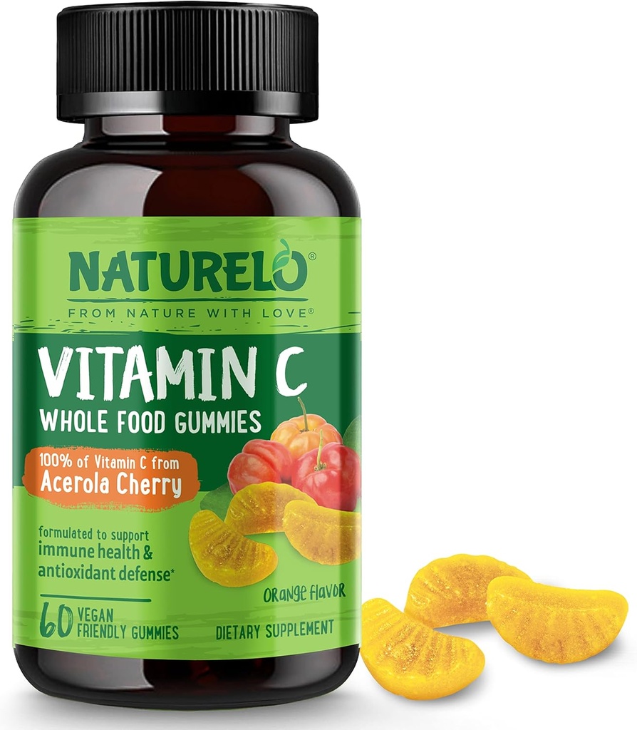 NATURELO inteiro alimento vitamina C chicletes, Vitamina C de cereja de Acerola, Suplemento com base em plantas, 60 Vegan-amigo chicletes