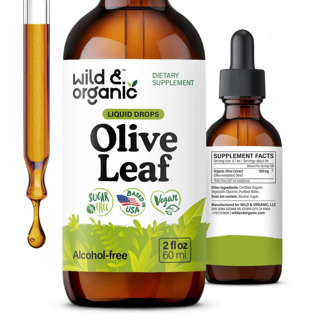 Wild & Organic Olive Leaf Extract Liquid Drops - Antioxidante & Apoio Imune - Oleuropein Olive Leaf Supplement - Vegan, Sugar & Alcohol-Free Drops - 2 fl oz