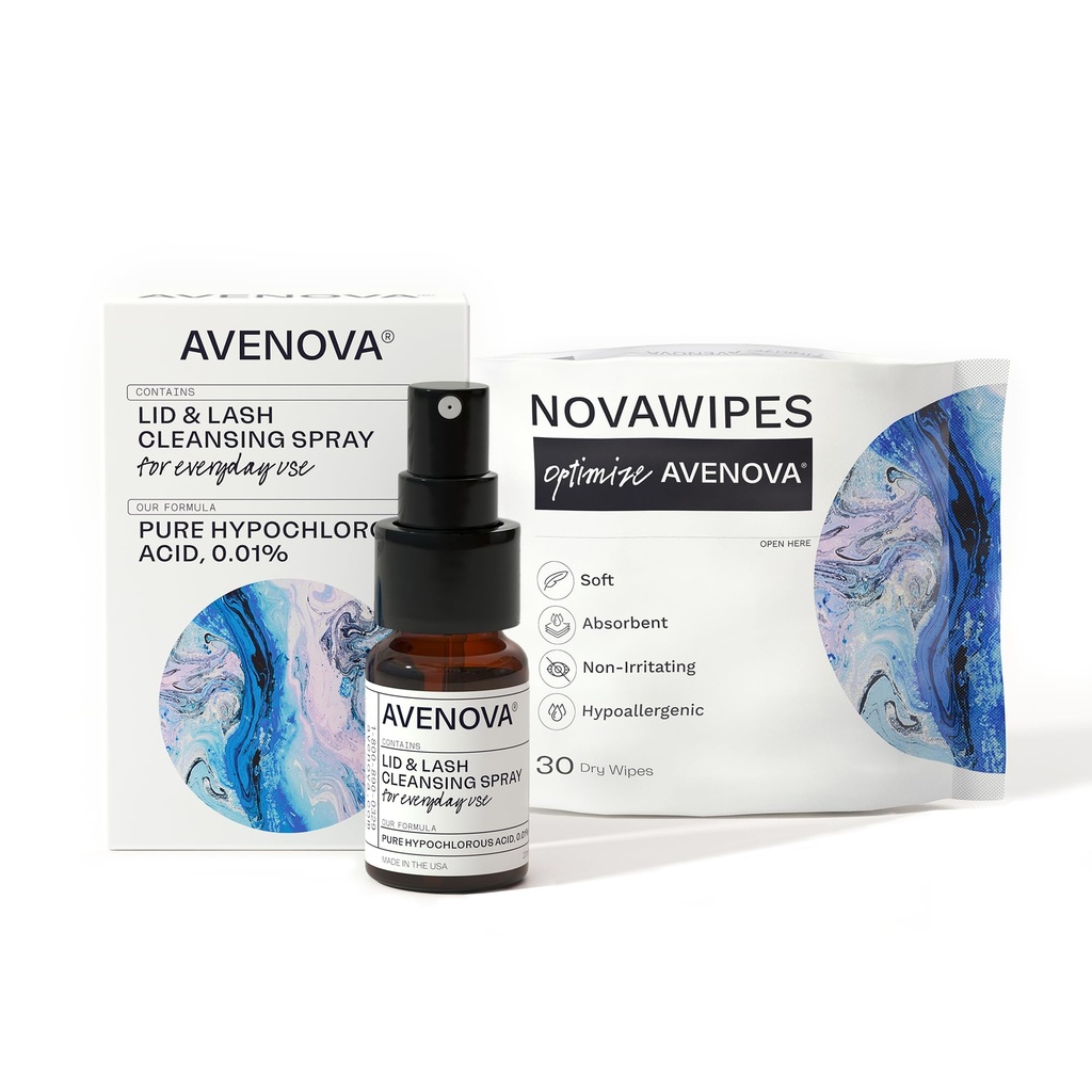 Avenova Eyelid e Eyelash Cleanser Spray com 30 Toalhas Secas - Gentil Diariamente Hypoclorous Acid Lid e Lash Cleansing Spray para Olhos mais limpos e saudáveis, 20mL