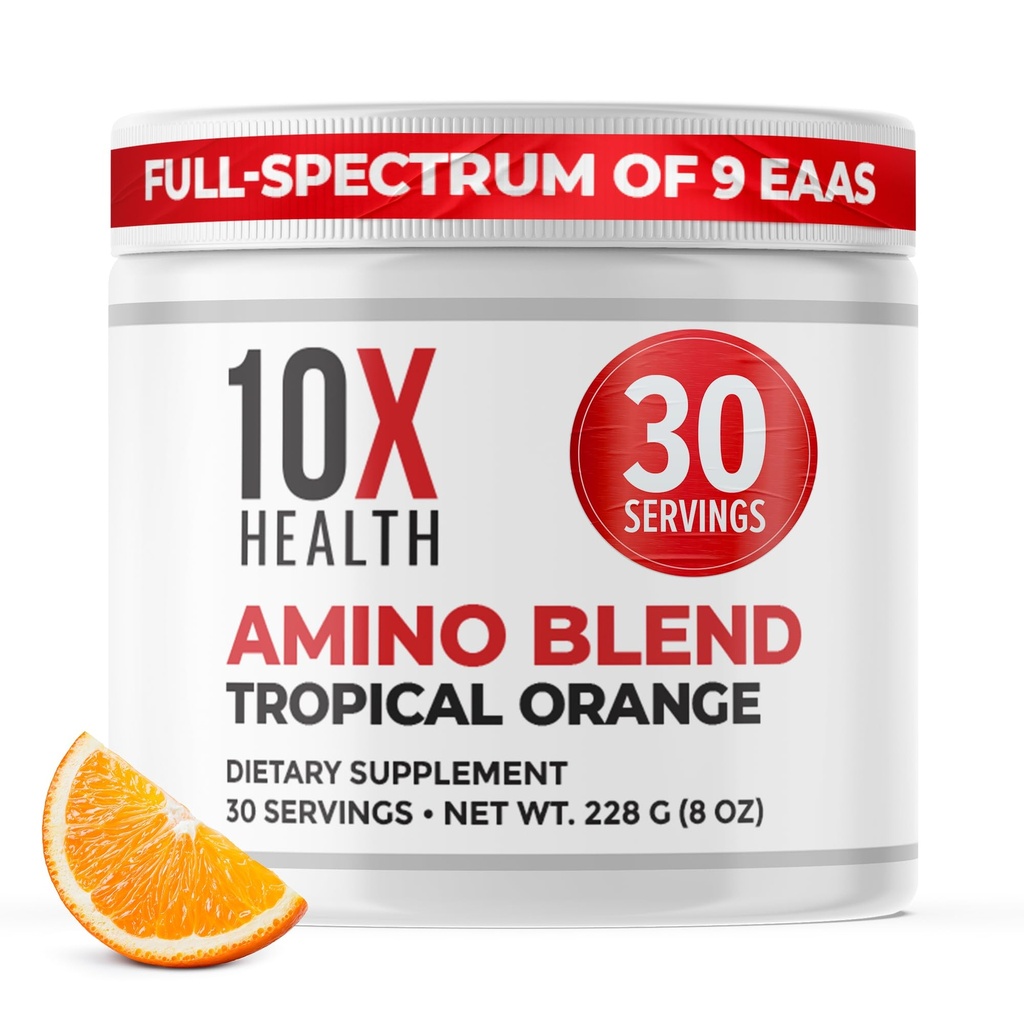 10X Aminoácidos de Saúde - 30 Servings of EAA & BCAA Powder, Pre Treino BCAA com Suplemento de Aminoácidos Essenciais - BCAAs & EAAs para Longevidade, Apoio Músculo, Força, Energia - Laranja Tropical
