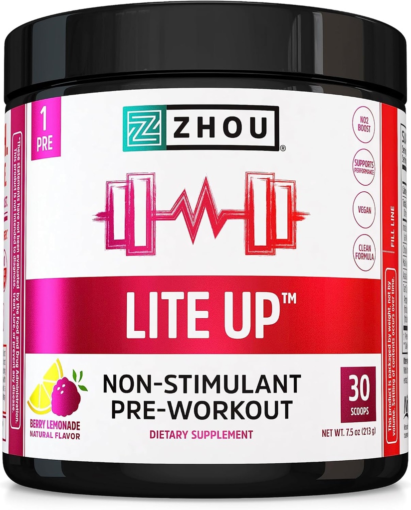 Zhou Lite Up - Não Stim Powder, Nitric Oxide Stim Suplemento gratuito para homens e mulheres, Cafeína Free Boost, Clean Formula - Berry Limonada Flavor, 7.5 oz Jar (30 Scoops)