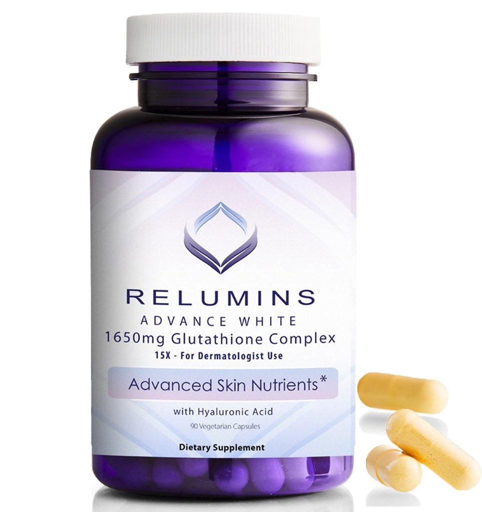 Reluminas 1650mg Complexo L-Glutationa com Ácido Hialurônico, Ácido Alfa Lipóico, Rosa HIPS, Vitamina E & Riboflavina – Apoio Antioxidante, Perfeito para Alcançar um Brilho de Férias, Feito nos EUA – 90 Cápsulas