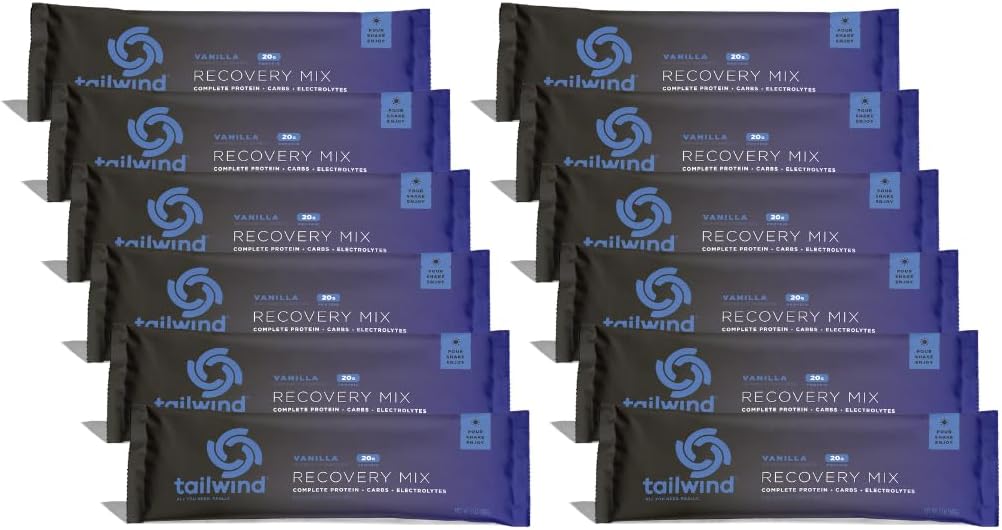 Mix de Recuperação Nutricional Tailwind, 20 gramas de proteína completa, carboidratos, e eletrólitos mistura de bebida em pó para pós-trabalho, livre de glúten, soja, e leite, Vegan, 12 Servings, Baunilha