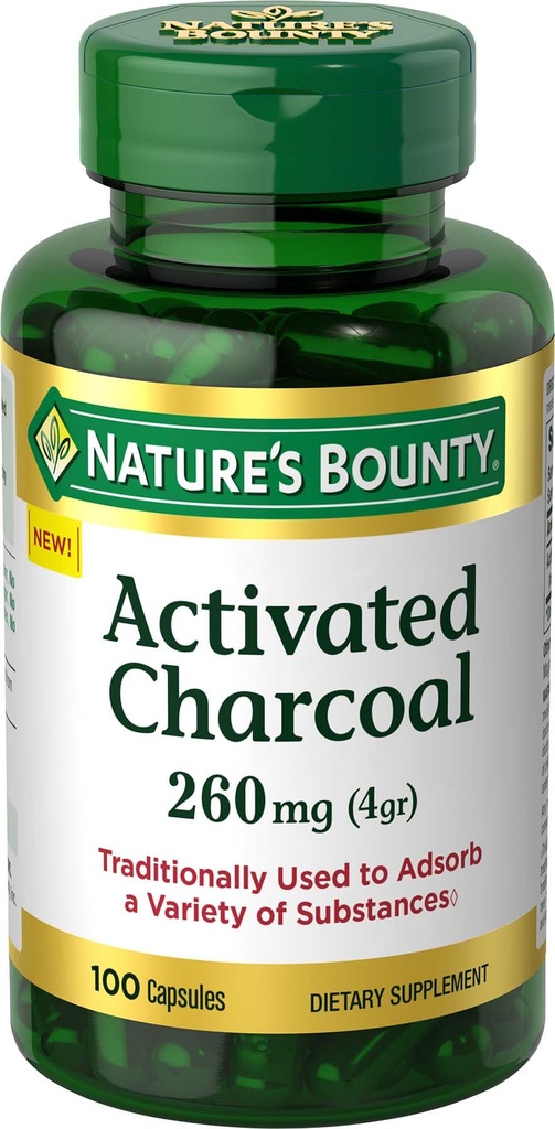 Charcoal ativado da recompensa da natureza 260 mg, 100 cápsulas, Suplemento dietético para apoiar um estilo de vida saudável
