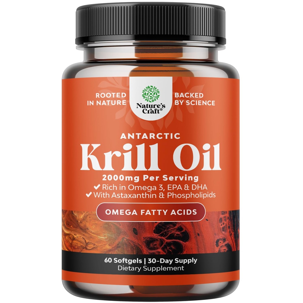Óleo de Krill Antártico 2000mg Softgels por serviço - Omega 3 Krill Oil Supplement with EPA DHA & Astaxantina (60 Count (Pack of 1)