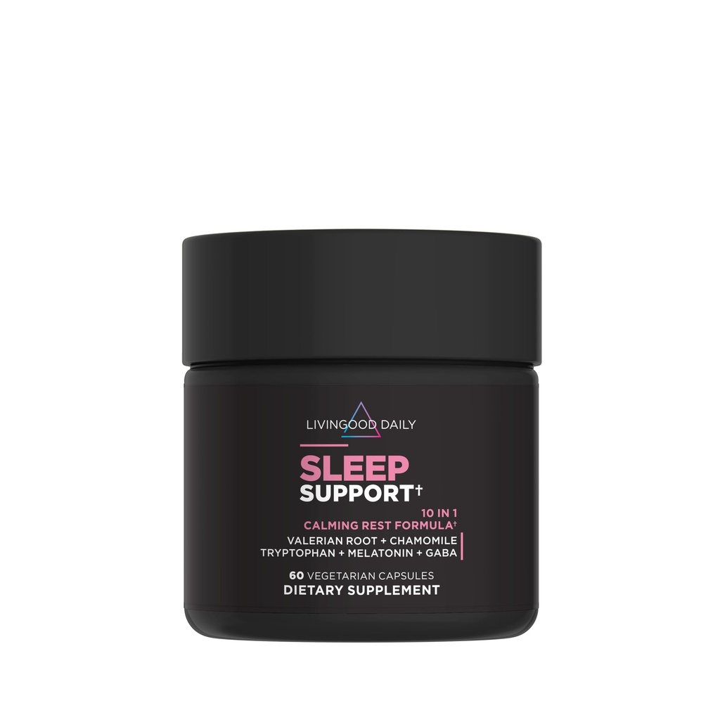 Livingood Suplemento de suporte ao sono diário, 10-em-1 Ajuda natural ao sono com 5 MG Melatonina, Raiz valeriana, Camomila, Tryptophan & GABA para homens e mulheres, Não Habit Forming, Gluten Free, Vegan, 60 Cápsulas