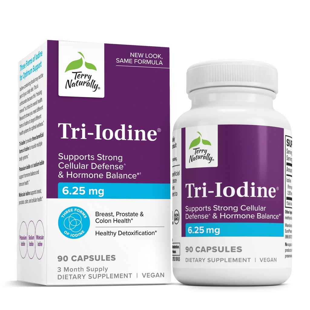 Terry Naturalmente Tri-Iodina - Apoiar a saúde da tireóide - Equilíbrio Hormônio da Aids com Iodo Molecular de Kelp - Características Iodeto de potássio e Iodeto de sódio - Cérebro & Suporte Energia - 6.25mg, 90 Cápsulas