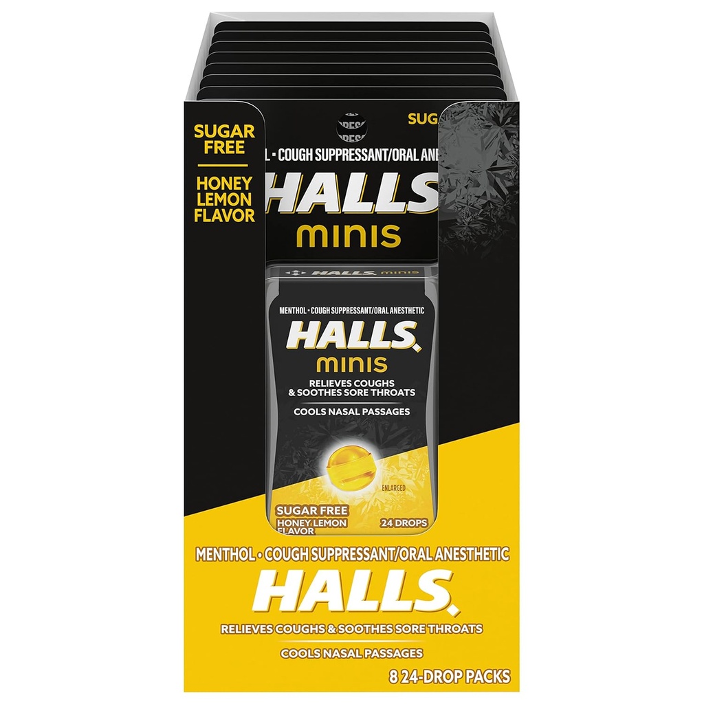 HALLS Minis Mel limão sabor açúcar livre gotas de tosse, 8 pacotes de 24 gotas (192 gotas Total)