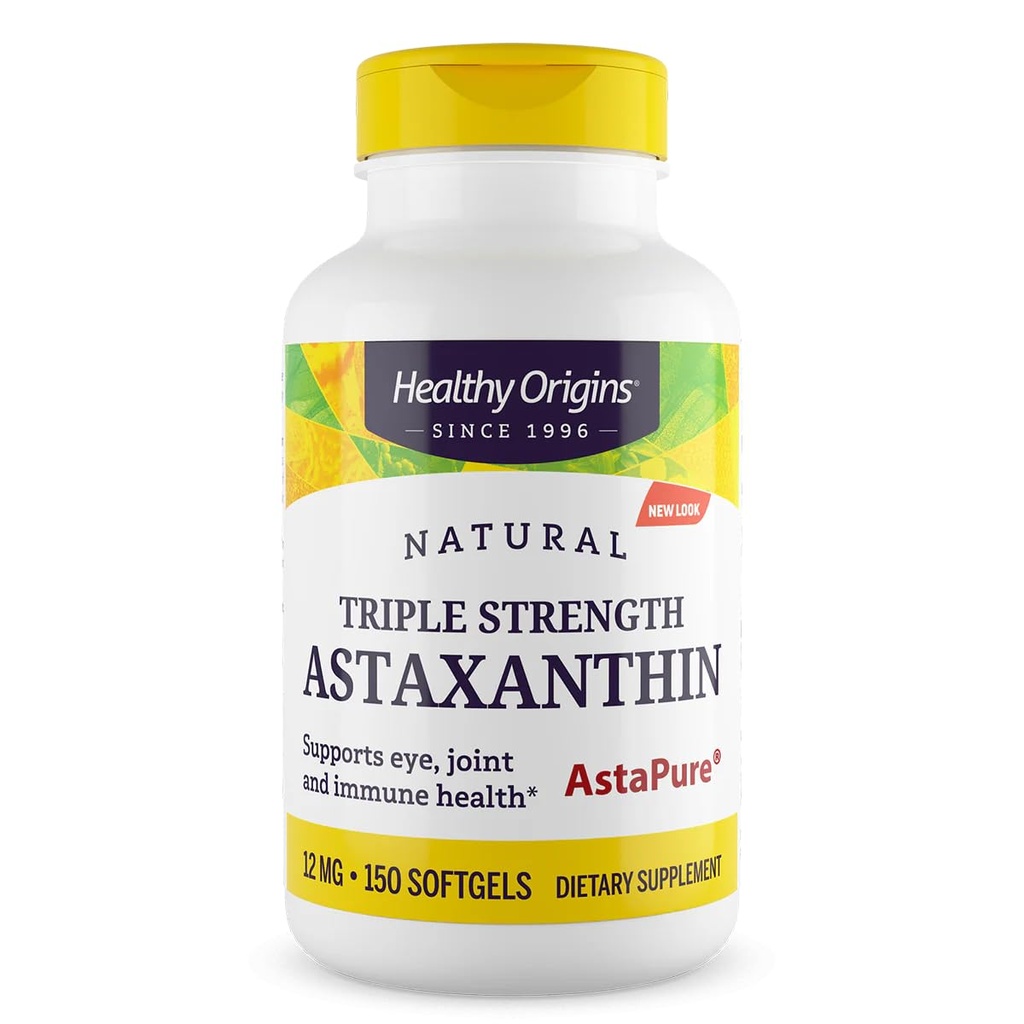 Origem saudável Astaxantina 12 mg (Natural, Astapure, Tripla Força, Não-GMO, Glúten Livre, Suporte ocular, Suporte Conjunto, Suporte Imune), 150 Softgels