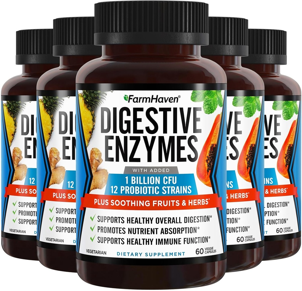 FarmHaven Enzimas Digestivas com 18 Probióticos & Ervas ; Papaya, Bromelain, Protease & More para Absorção de Lactose e Digestão Melhor ; Ajuda Bloating, Gás, Obstipação ; Vegetariano, 300 Cápsulas