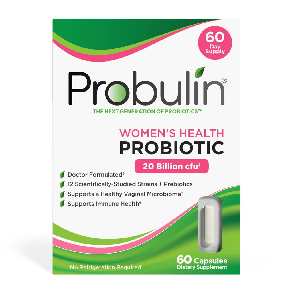 Probulina Saúde da Mulher Probiótico + Prebiótico para Vaginal, Gut & Imune Saúde - 20 Bilhões UFC - 12 Probiótico Strains, 60 Cápsulas Vegan
