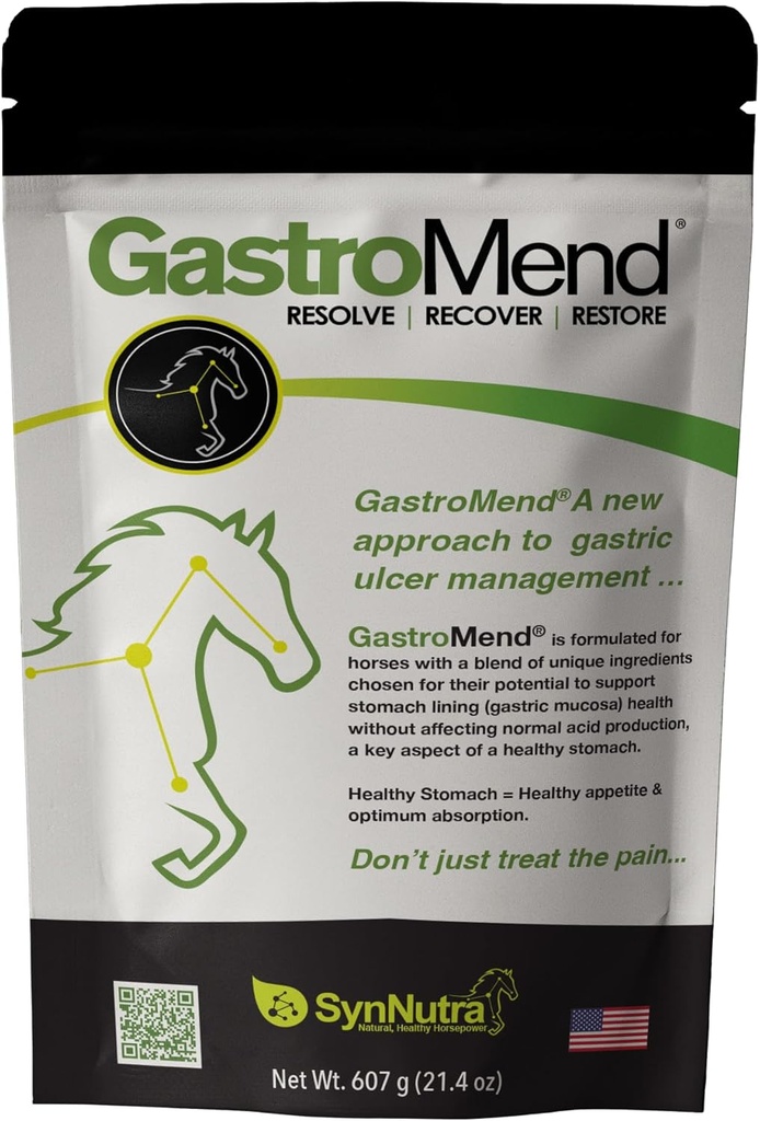 GastroMend® Suplemento de Saúde Gastrointestinal para Cavalos, 100% Natural, Promove Estômago e Gut Saúde em Equinos, Custo-Efetivo Bem-Estar Digestivo, 60 Serventes por Pouch, Made in the USA