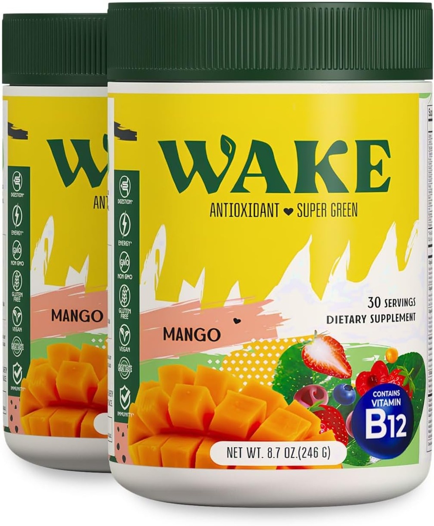 Wake Antioxidant Super Verdes, Greens Pó para reduzir o bloat, espirulina e chlorela, vitamina B12, não-GMO, Digestão saudável para as mulheres, enzimas, probióticos, Acai Berry & Camu Camu, 2 pcs para 1 custo