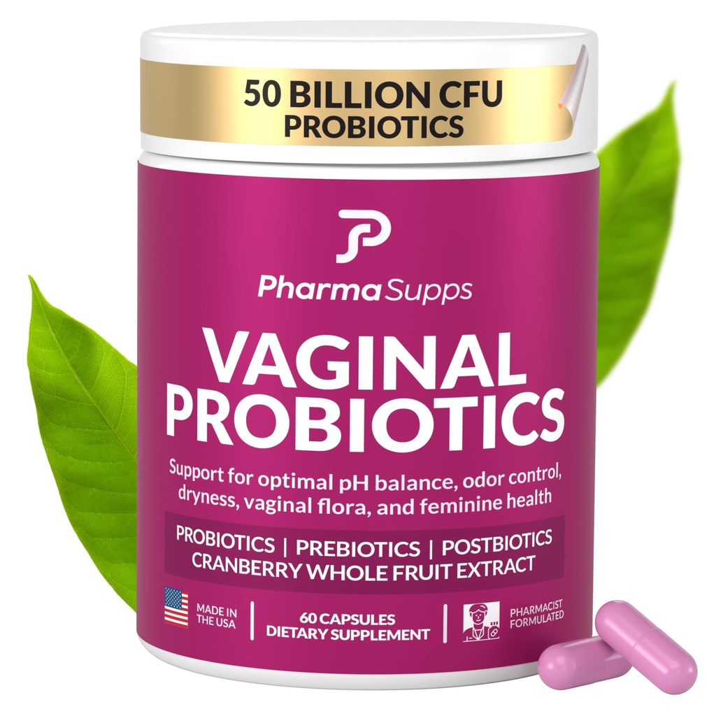 Mulheres Probiótico para a Saúde Vaginal 50 bilhões de UFC com Probióticos, Prebiótico, Postbióticos e Cranberry para equilíbrio de pH, Suporte ITU, Levedura, Gut Saúde, Odor, Secura e Conforto Feminino