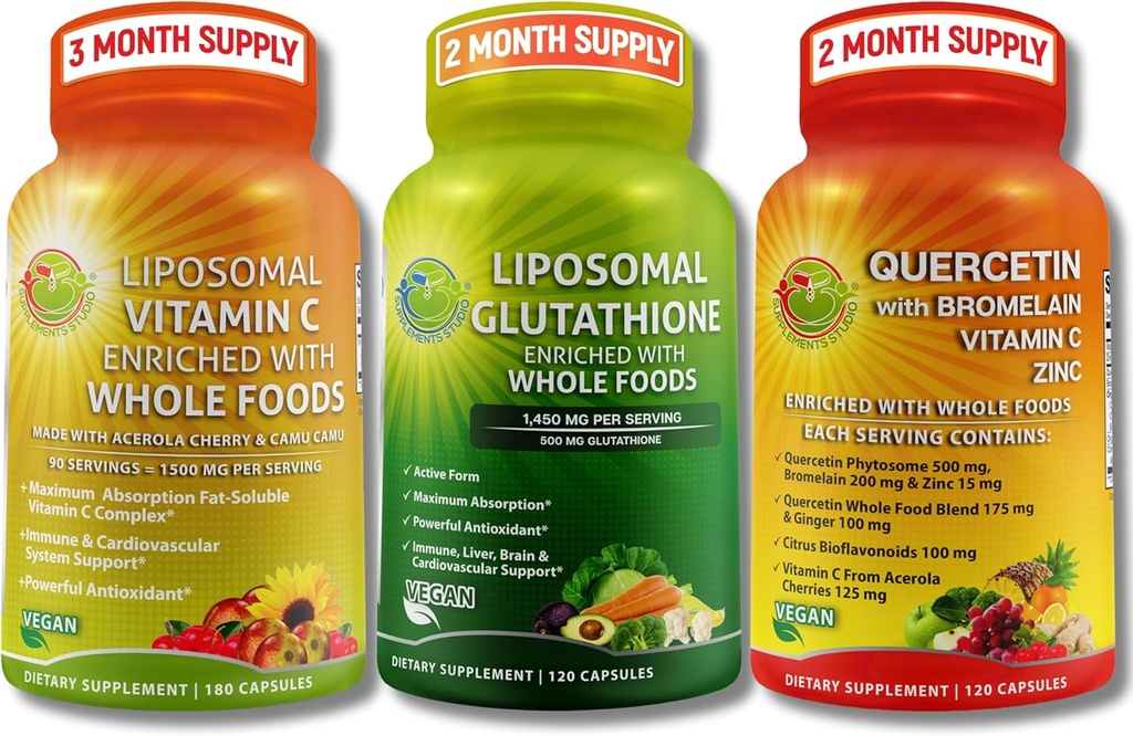 Completo Antioxidante e Imune Suporte Pacote - Vitamina lipossomal C 1500mg + Glutationa lipossomal 500mg + Quercetina com bromelaína, zinco e vitamina C – Vegan, Fórmulas de Absorção melhoradas