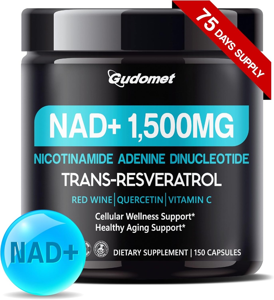 NAD+ com Trans-Resveratrol, Vinho tinto, Quercetina e Vitamina C – Suporta bem-estar celular e saudável Envelhecimento-150 Cápsulas- Feito nos EUA