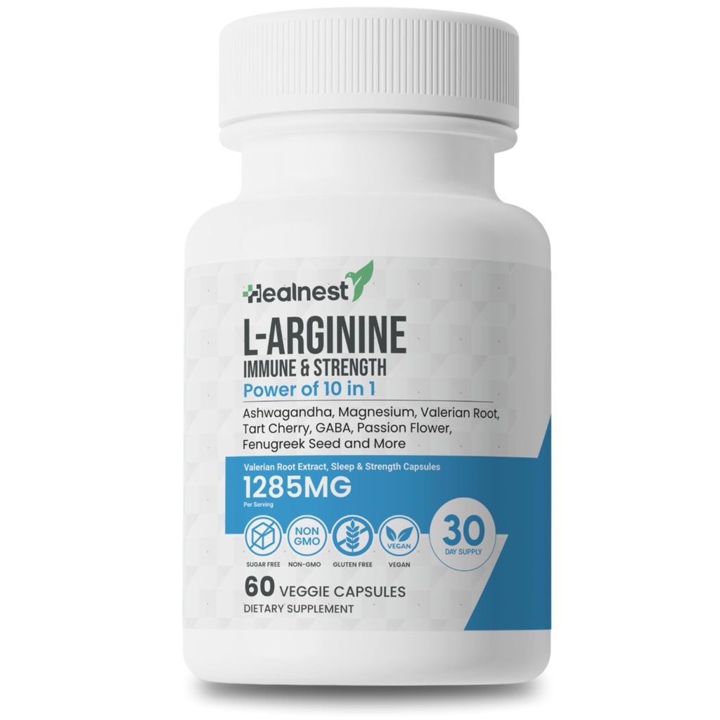 Cápsulas L- Arginina - 1285MG Mistura de Ashwagandha, L-Theanina, Magnésio, GABA, Zinc & Tart Cherry – Recuperação muscular, alívio de estresse, suporte de humor – Não-GMO, 60 cápsulas de legumes para homens e mulheres