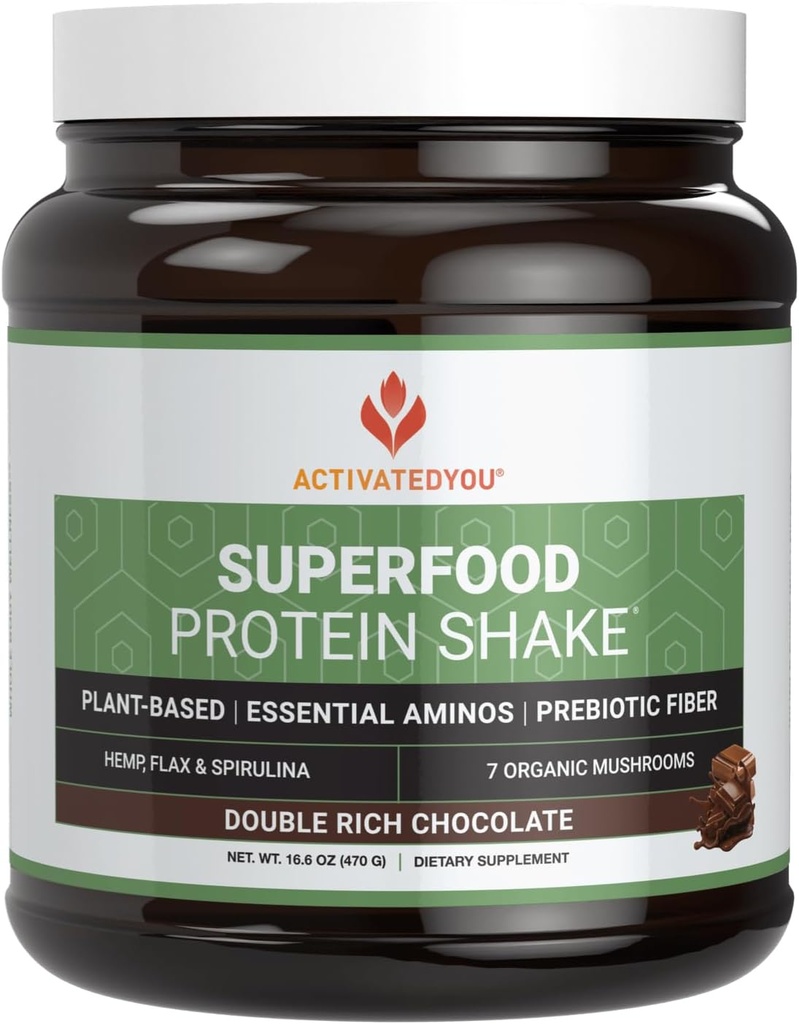 ATIVADO VOCÊ Superalimento Protein Shake - Vegan Planta Protein Powder - com orgânico 7 Mushroom Mistura, espirulina, e GoldRella chlorela - promove integridade muscular, sabor de chocolate (15 Servings)