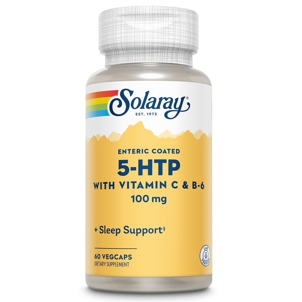 SOLARAY 5 HTP Suplemento com vitamina C & B-6 - Suplemento de sono e suporte de síntese de serotonina - Lab verificado, 60 dias de garantia de reembolso - 60 Servings, 60 VegCaps entéricos revestidos