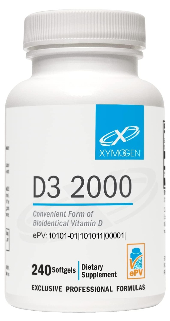 XYMOGEN D3 2000 - Vitamina D3 2000 UI biodisponível (50 mcg) - Suplemento de vitamina D de alta potência para apoiar a saúde imune, osso + saúde do coração (240 Softgels)