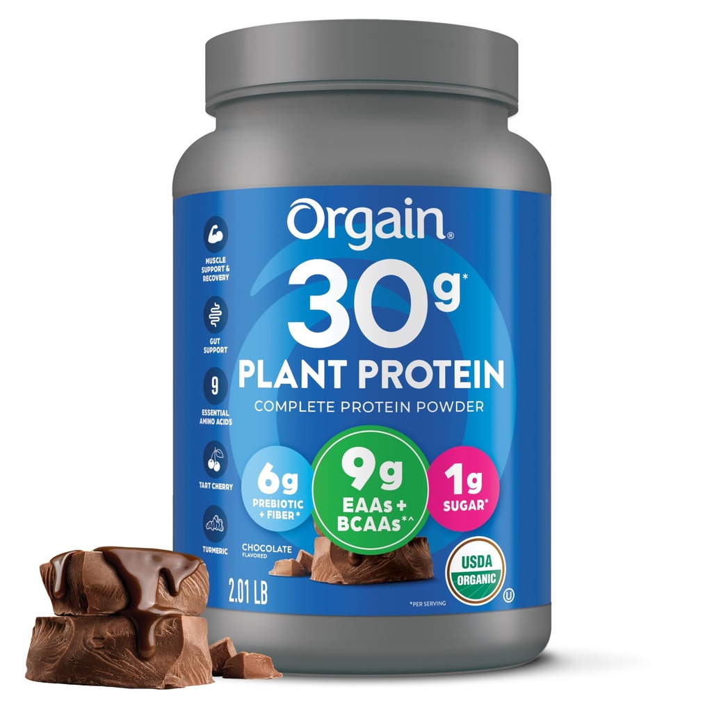 Orgain Organic 30g Vegan Protein Powder, Chocolate 9g EAAs + BCAAs, Proteína vegetal, 6g Prebiótico + Fibra, 1g Açúcar, Pré-treino, Suporte muscular + Recuperação - 2.01lb (Pacote de Maio Vary)