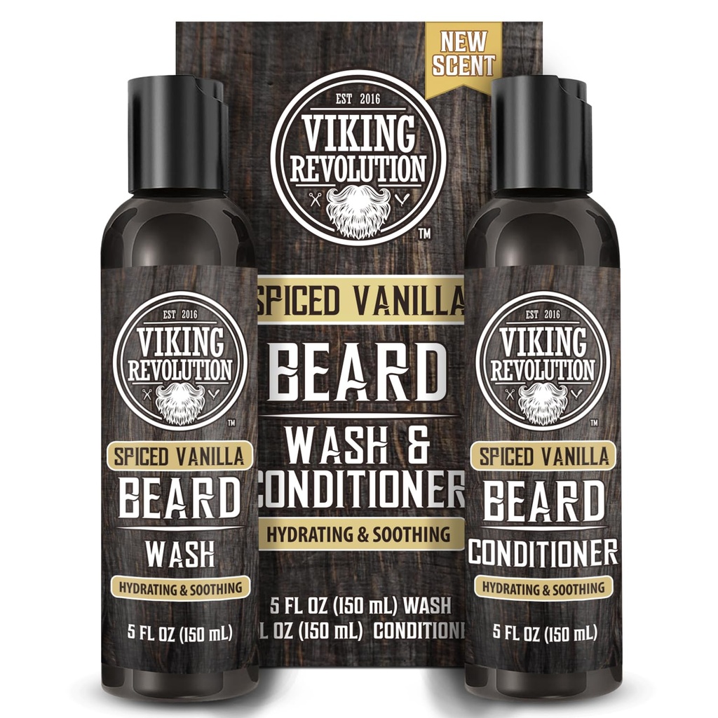 Viking Revolution Beard Wash and Beard Conditioner para homens com óleo de Argan e óleo de Jojoba - Beard amolecedor e reforço Beard Care Shampoo e Condicionador com óleo de barba (5 onças, baunilha picante)