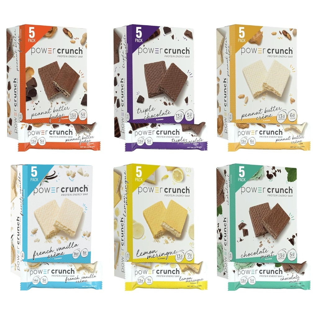Barras de wafer de proteína de crunch de potência, pacote de variedades, em 6 sabores 1.4 barras de onça (30 contagem). Lanches de proteína alta com sabor delicioso