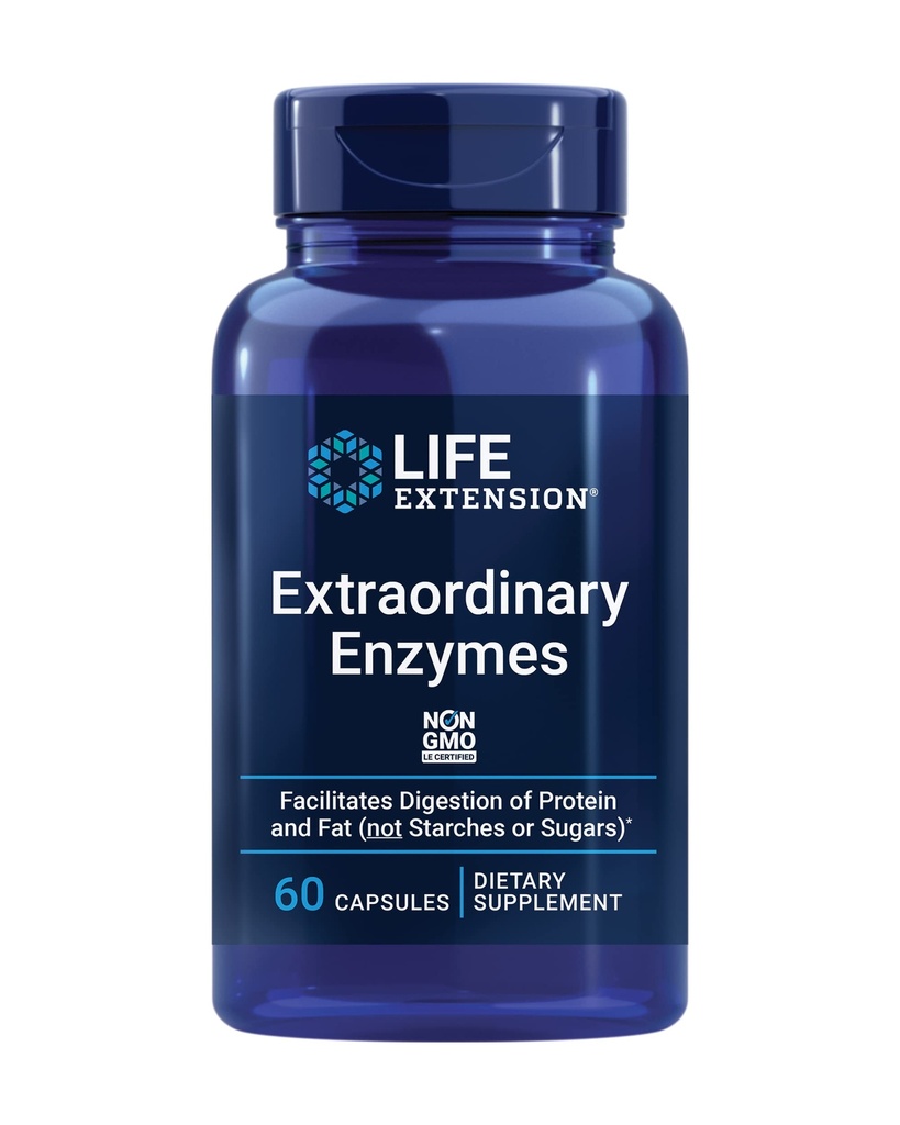 Extensão de vida Enzimas Extraordinárias, Apoio à Saúde Digestiva, Absorção Nutriente, Enzimas Digestivas, Não-GMO, 60 Cápsulas