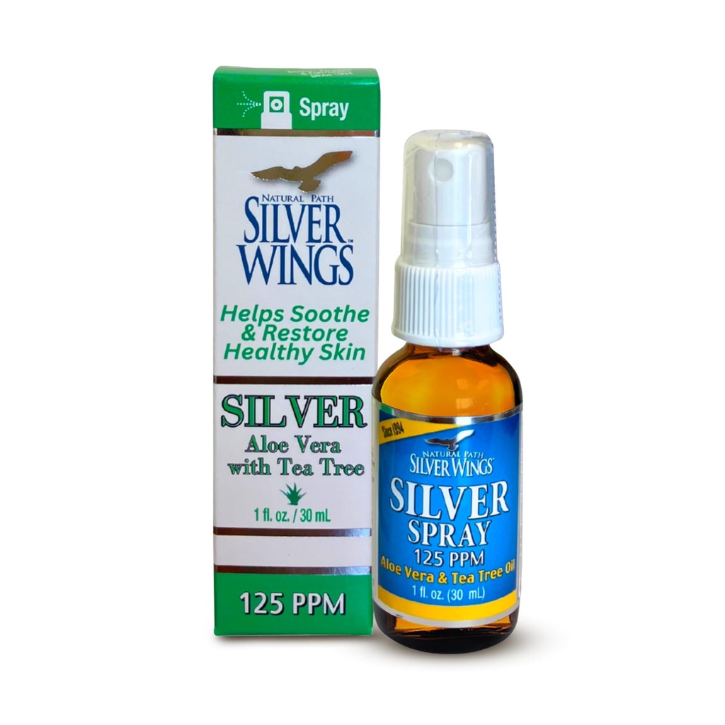 Asas de prata do caminho natural - Spray de prata com óleo de Aloe Vera & Tea Tree – 125ppm - 1oz