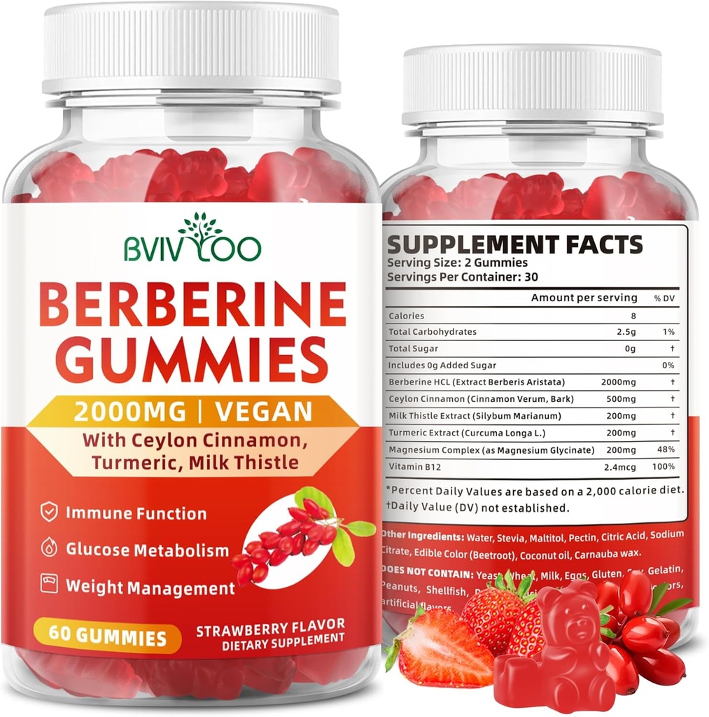 Gummies berbere, açúcar livre 2000mg alta potência Berberine HCI Suplemento, além de canela de ceilão, cardo de leite para mulheres e homens, sistema imunológico e suporte ao metabolismo - 60 chicletes