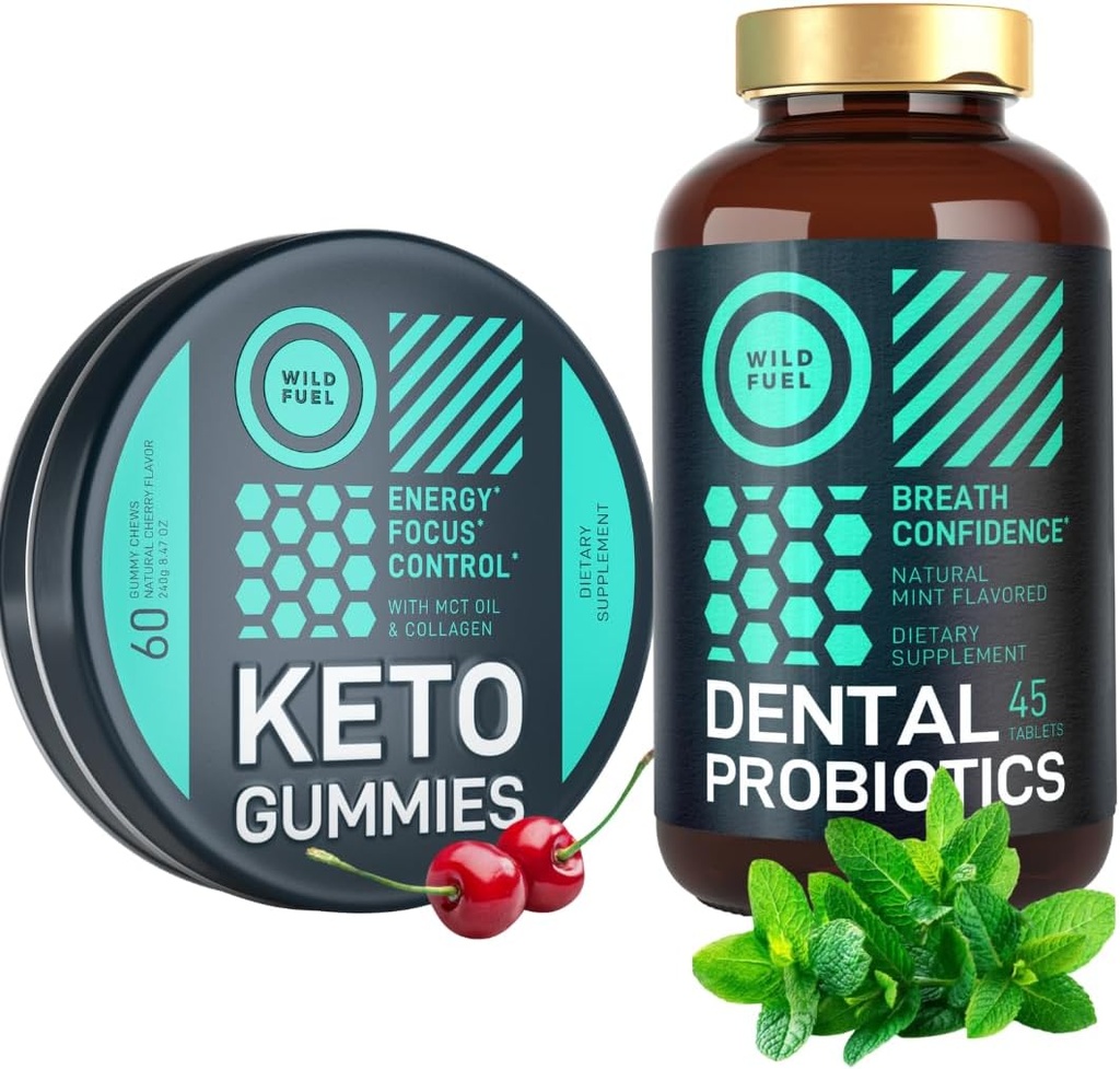 PRObióticos orais WILD FUEL para a saúde oral e Keto Candy com pacote de óleo MCT