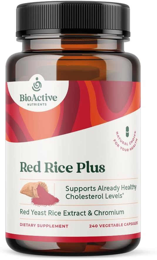 NUTRIENTES BIOACTIVOS Red Rice Plus Suplemento- 240 Cápsulas Vegetais - Mistura Proprietária de Açafrão, Pimenta Preta, Pimenta Cayenne, Ginger Root, e Rosemary - Suporte de Colesterol
