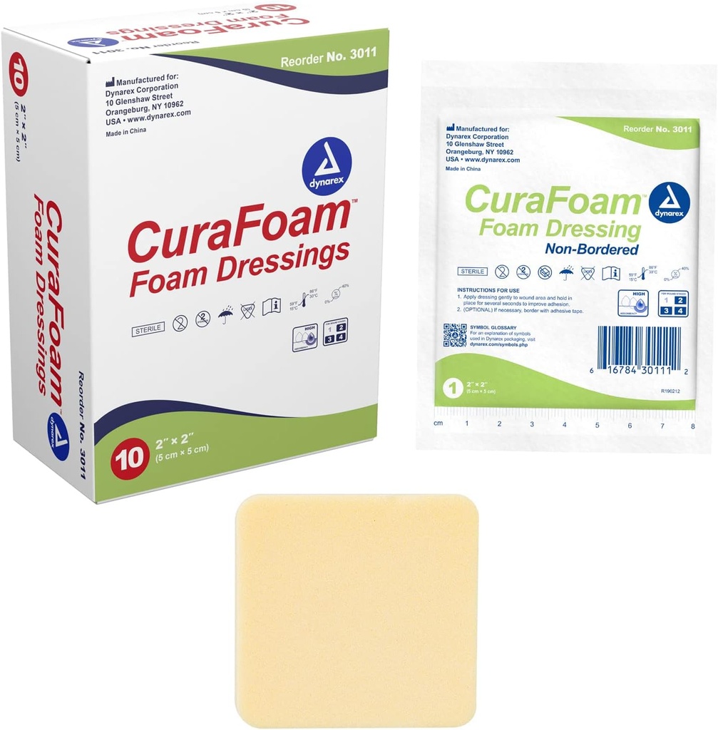 Dynarex 3011 CuraFoam Vestido de Espuma, Não-Bordered, Estéril, Provides Cushioned and Moist Cuidado da Ferida, 2" x 2", Pacote de 10