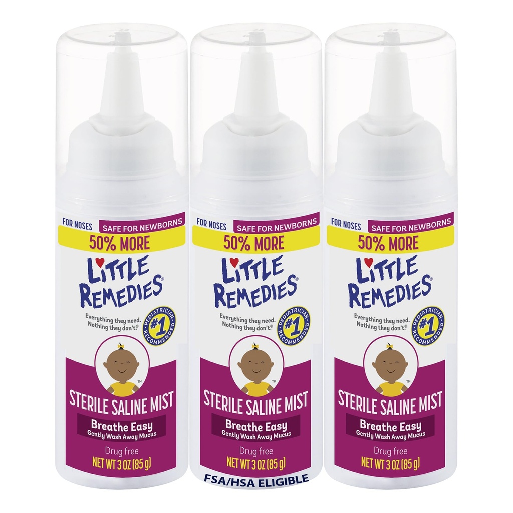 Poucos remédios estéril bebê salino nasal neblina neblina, seguro para recém-nascidos para aliviar recheado e seco narizes, 3 Fl Oz, pacote de 3