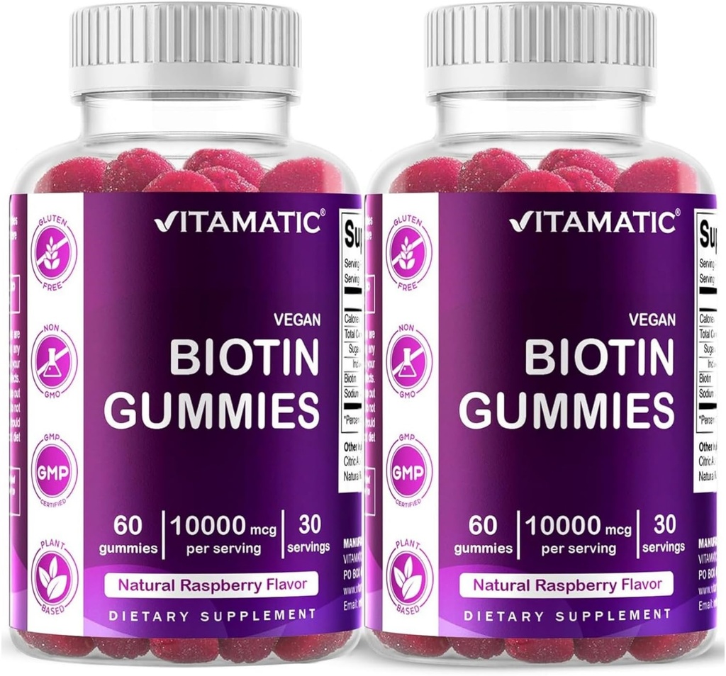 Vitamatic Biotin Gummies 10.000 mcg para cabelos mais fortes, pele e unhas - 60 Vegan Gummies - Também chamado vitamina B7 (2 garrafas)