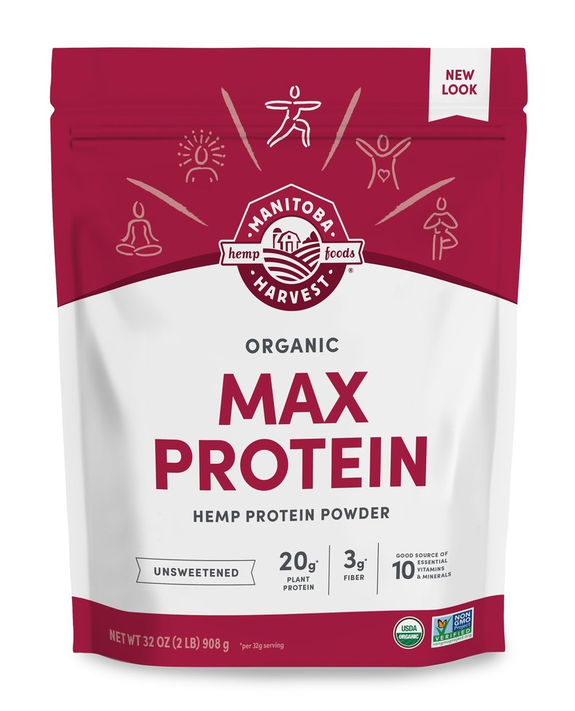 Manitoba Harvest cânhamo Yeah Organic Max Protein Powder, undoced, 32oz, com 20g de proteína e 4,5g Omegas 3&6 por serviço, Keto-Friendly, Conservative Free, Non-GMO, Embalagem May Vary